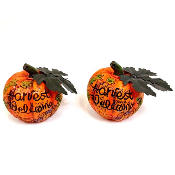 Set Resin Pumpkin Figurines w/ Metal Leaves Carved Harvest Welcome Fall Decor - Picture 7 of 7